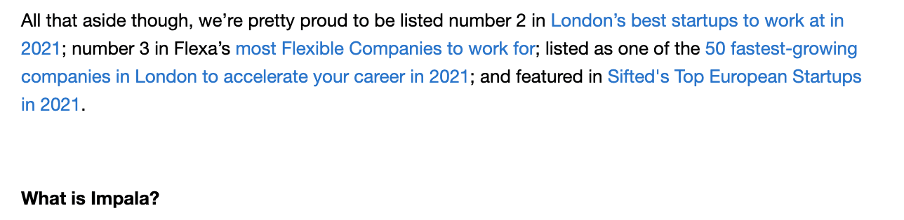 Impala mention being the 3rd most flexible company in their job descriptions